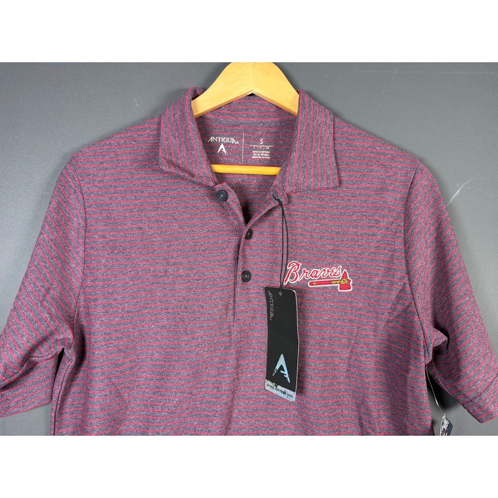 NWT Antigua Atlanta Braves MLB Baseball Polo Shirt Mens Small Navy Red Striped